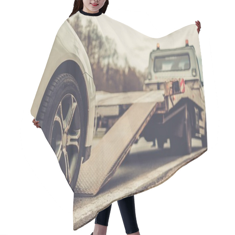 Personality  Loading Broken Car On A Tow Truck On A Roadside  Hair Cutting Cape