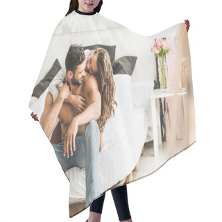 Personality  Young Couple Hugging While Sitting In Bed And Looking At Each Other Hair Cutting Cape