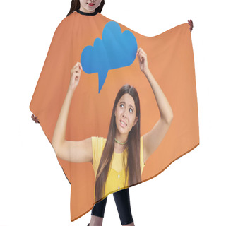 Personality  Confused Teenage Girl In Casual Attire Holding Thought Bubble Above Her Head On Orange Backdrop Hair Cutting Cape