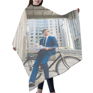Personality  Young Businessman In Stylish Suit With Newspaper And Paper Cup Of Coffee Leaning On Bicycle Hair Cutting Cape