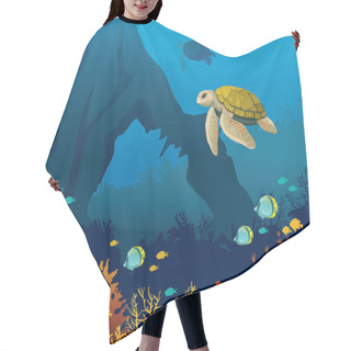 Personality  Yellow Turtle And Coral Reef With Fishes And Underwater Arch On A Blue Sea. Underwater Marine Life. Vector Illustration. Hair Cutting Cape