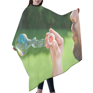 Personality  Side View Of Bearded Man Blowing Soap Bubbles In Park Hair Cutting Cape
