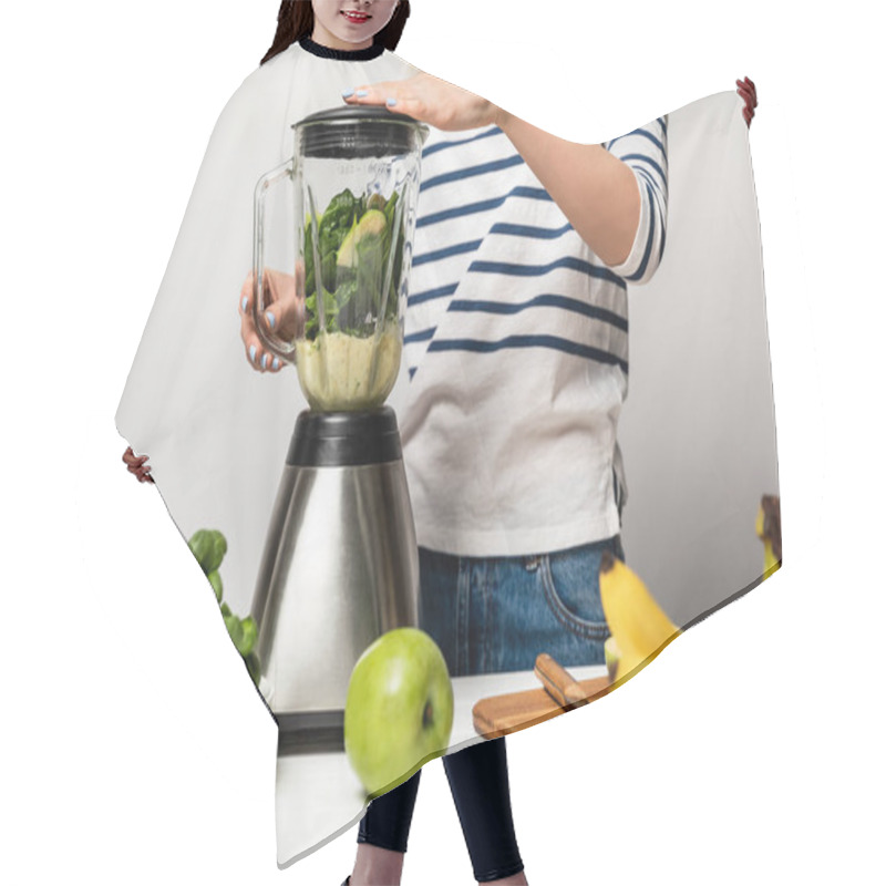 Personality  Cropped View Of Woman Using Blender Near Fruits On White  Hair Cutting Cape