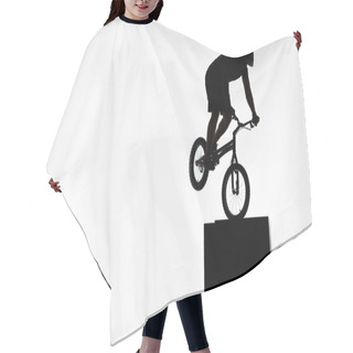 Personality  Silhouette Of Trial Cyclist Performing Stunt While Balancing On Cube On White Hair Cutting Cape