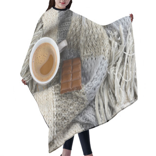 Personality  Hot Chocolate In Coffee Mug  With A Grey, Ivory, Ecru Knitted Scarf Around It And Chocolate Bar Hair Cutting Cape