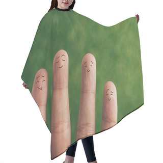 Personality  Partial View Of Happy Human Fingers On Green Hair Cutting Cape