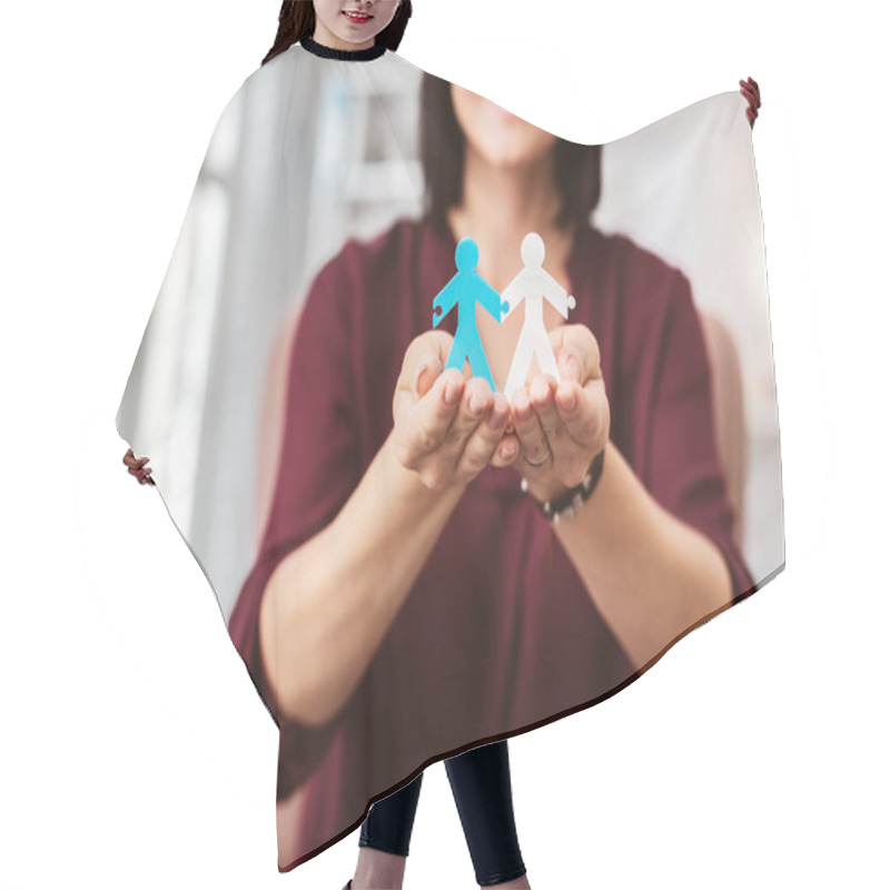 Personality  Happy Woman Smiling And Holding Two Stickmen Hair Cutting Cape