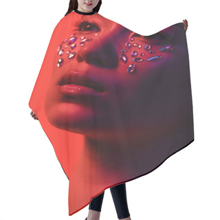 Personality  Beautiful Asian Girl With Rhinestones On Face Isolated On Red Hair Cutting Cape