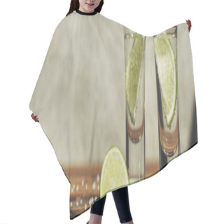 Personality  Fresh Tequila With Lime And Salt On Wooden Surface In Sunlight, Panoramic Shot Hair Cutting Cape
