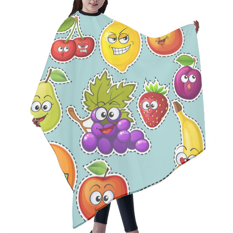 Personality  Cartoon Fruit Characters. Fruit Emoticons. Stickers Grape, Orange, Apple, Lemon, Strawberry, Peach, Banana, Plum, Cherry, Pear Hair Cutting Cape