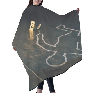 Personality  Selective Focus Of Chalk Outline And Evidence Markers At Crime Scene Hair Cutting Cape