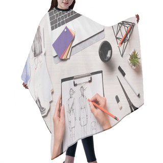 Personality  Office Desk With Laptop, Art Supplies And Cropped View Of Designer Working On Sketches, Flat Lay Hair Cutting Cape