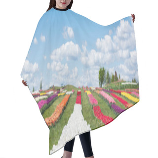 Personality  Colorful Tulips Field With Blue Sky And Clouds, Panoramic Shot Hair Cutting Cape