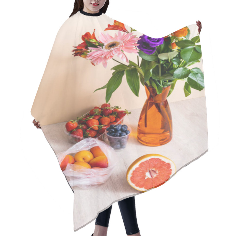 Personality  Floral And Fruit Composition With Bouquet In Vase, Berries, Grapefruit And Apricots On Wooden Surface On Beige Background Hair Cutting Cape