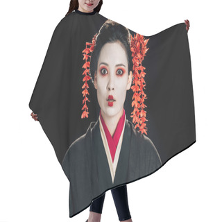 Personality  Shocked Beautiful Geisha In Black And Red Kimono And Flowers In Hair Isolated On Black Hair Cutting Cape