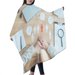 Personality  Top View Of Woman With Clenched Hands Near Paper Shapes And Blank Notebook On Table  Hair Cutting Cape