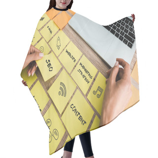 Personality  Cropped View Of Woman Touching Sticky Note With Seo Lettering Near Laptop On Desk  Hair Cutting Cape