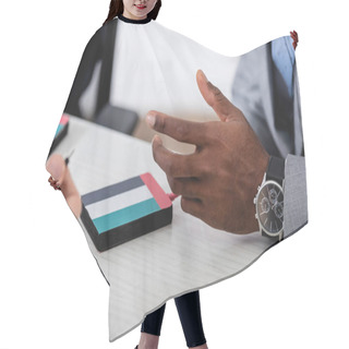 Personality  Cropped View Of African American Businessman Gesturing Near Interpreter And Digital Translator With Uae Flag, Blurred Foreground Hair Cutting Cape