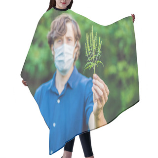 Personality  Young Man In A Medical Mask Because Of An Allergy To Ragweed. Hair Cutting Cape