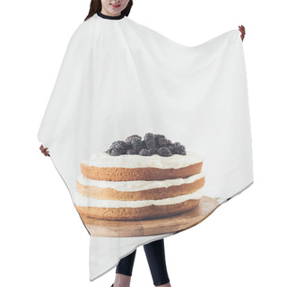 Personality  Freshly Baked Blackberry Cake On Wooden Cutting Board On White Hair Cutting Cape