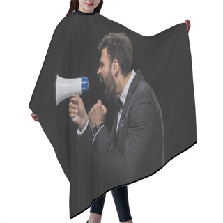 Personality  Businessman Yelling In Megaphone Hair Cutting Cape