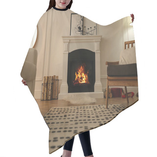 Personality  Modern Fireplace With Burning Wood In Room. Interior Design Hair Cutting Cape