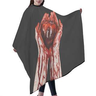 Personality  Blood And Halloween Theme: Terrible Bloody Hand Hold Torn Bleeding Human Heart Isolated On Black Background In Studio Hair Cutting Cape