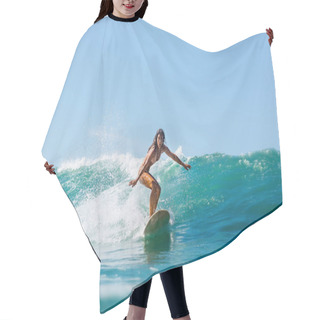 Personality  Beautiful Young Brunette Girl In A Bikini Swimsuit Ride Wave. Sporty Surfer Woman Surfing In Mauritius In The Indian Ocean On The Background Of Blue Sky, Clouds And Transparent Waves. Outdoor Active. Hair Cutting Cape