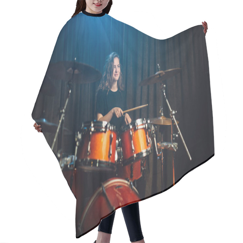 Personality  Woman Playing Drums And Cymbals During Live Concert Performance With Band On Stage In Darkness Lit By Spot From Above With Copy Space Hair Cutting Cape