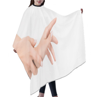 Personality  Partial View Of Woman Touching Hand While Applying Hand Cream Isolated On White, Banner Hair Cutting Cape