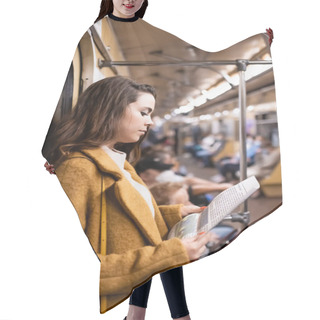 Personality  Young Woman In Autumn Coat Reading Newspaper While Traveling In Metro Train Hair Cutting Cape