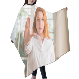 Personality  Redhead Woman Wearing White Shirt At Home With Open Hand Doing Stop Sign With Serious And Confident Expression, Defense Gesture Hair Cutting Cape