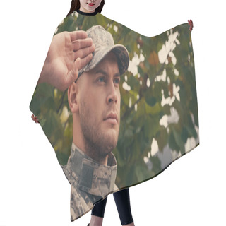 Personality  Young Soldier In Military Cap And Uniform Saluting Outdoors  Hair Cutting Cape
