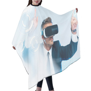 Personality  Businessman In Virtual Reality Headset Touching  Innovation Technology Isolated On White, Artificial Intelligence Concept Hair Cutting Cape