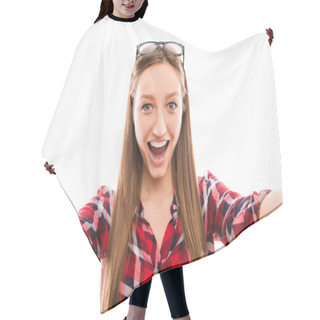 Personality  Portrait Of Young Excited Girl Making Selfie Hair Cutting Cape