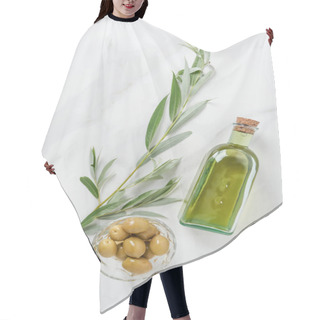 Personality  Top View Of Bottle Of Olive Oil And Olives In Bowl On Marble Table Hair Cutting Cape