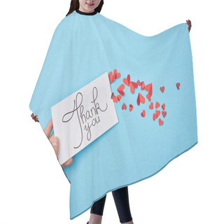 Personality  Cropped View Of Man Holding White Card With Thank You Lettering And Red Paper Hearts On Blue Background Hair Cutting Cape