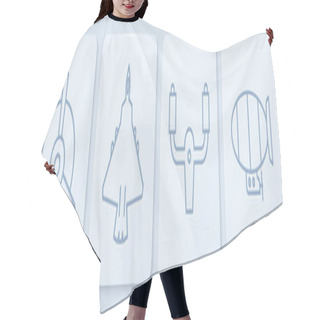 Personality  Set Line Plane Propeller, Aircraft Steering Helm, Jet Fighter And Airship. White Square Button. Vector. Hair Cutting Cape