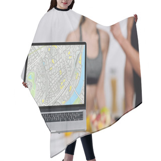 Personality  Selective Focus Of Laptop With Map On Screen Near Couple In Kitchen  Hair Cutting Cape
