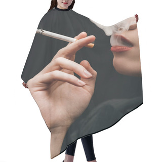 Personality  Cropped View Of Woman Smoking Cigarette Isolated On Black  Hair Cutting Cape