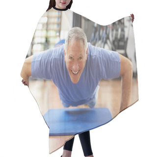 Personality  Senior Man Doing Press Ups In Gym Hair Cutting Cape