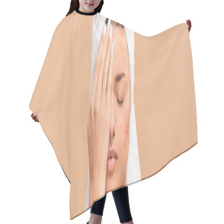 Personality  Panoramic Shot Of Girl With Acne Covering Face Isolated On Beige  Hair Cutting Cape