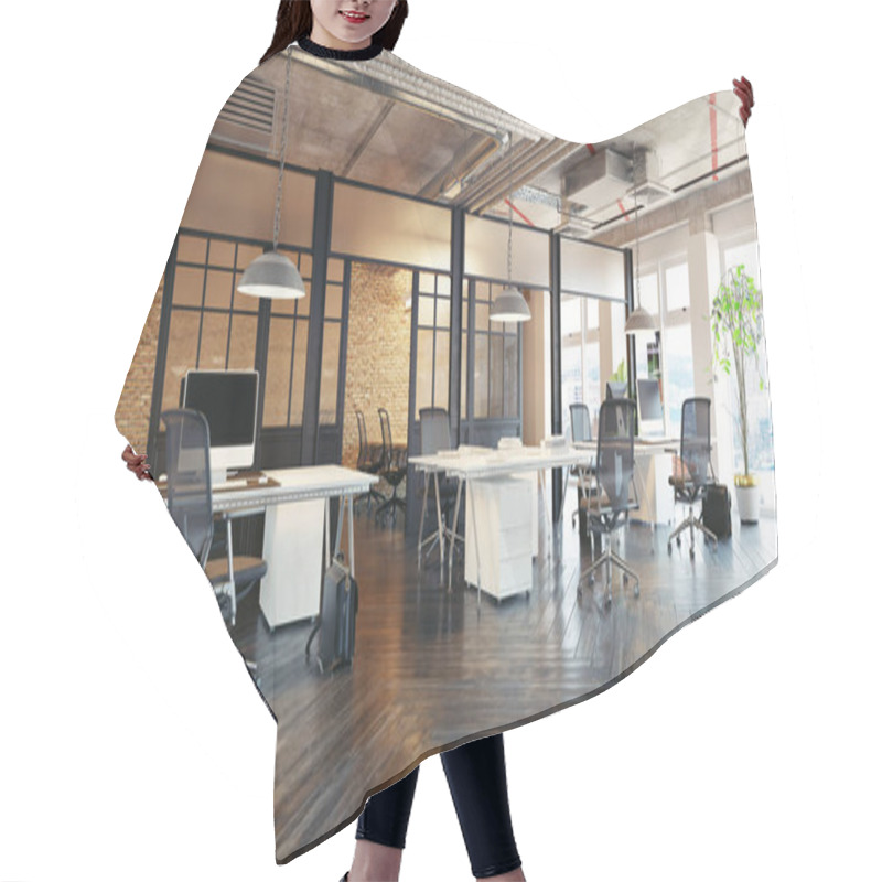 Personality  modern office interior design. Loft concept 3d rendering hair cutting cape