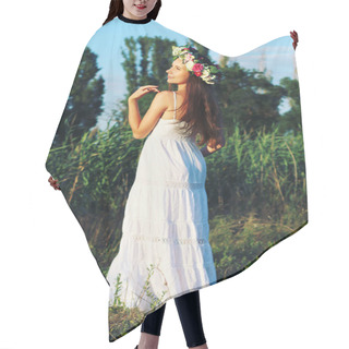 Personality  Woman In White Dress Standing In Field Wearing Flower Crown.  Hair Cutting Cape
