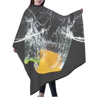 Personality  Close Up View Of Motion Of Yellow Bell Pepper Falling Into Water Isolated On Black Hair Cutting Cape