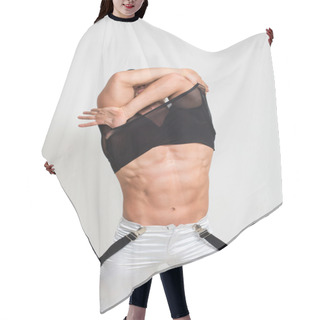 Personality  Muscular Sexy Man Taking Off T Shirt. Sexy Stripper Undressing. Hair Cutting Cape