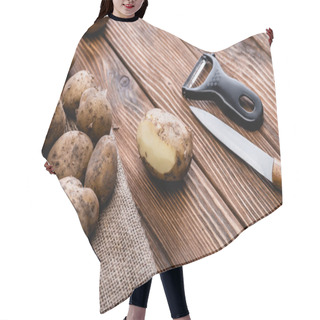 Personality  Dirty Potatoes On Wooden Table With Peeler And Knife Hair Cutting Cape