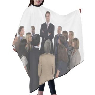 Personality  Businesspeople Staring At Tall Man Hair Cutting Cape