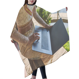 Personality  Cropped View Of Indian Woman In Traditional Clothes Networking, Using Laptop In Summer Park Hair Cutting Cape