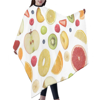 Personality  Collage Of Flying Fruits Like Apples Fruit, Oranges, Banana And  Hair Cutting Cape